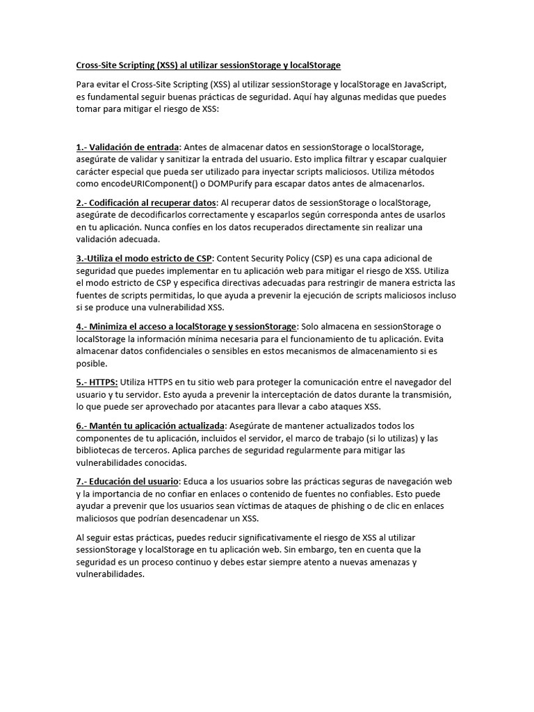 Evitar cross site scripting en un local storage y session storage pdf