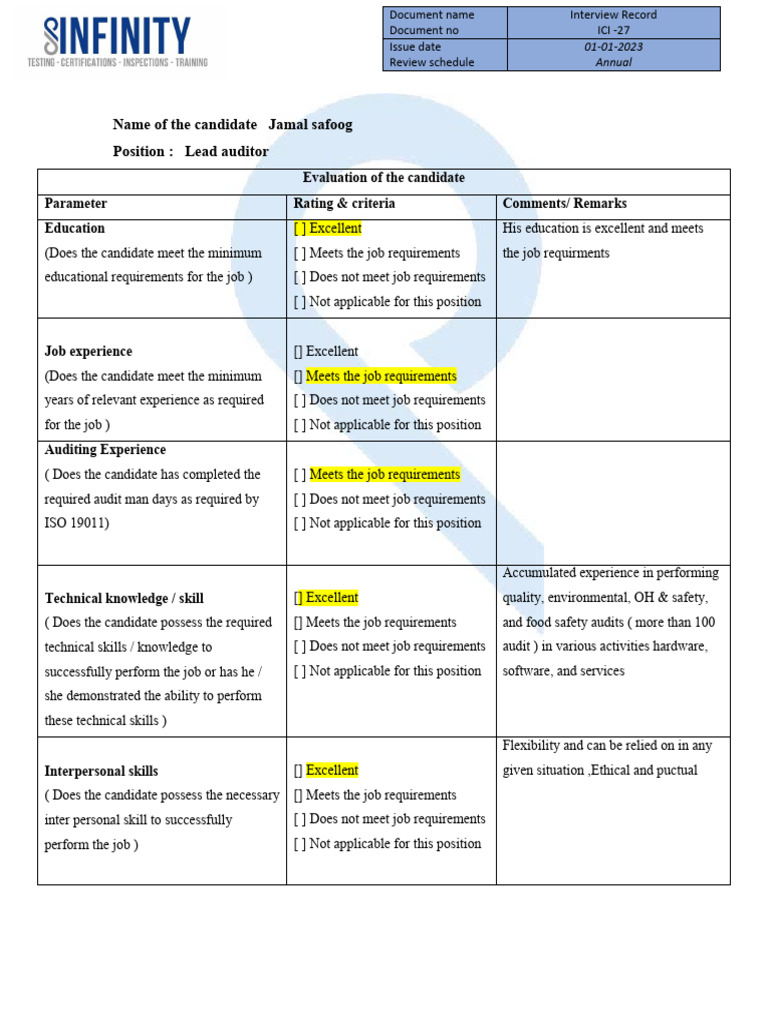Candidate Evaluation for Lead Auditor | PDF | Audit