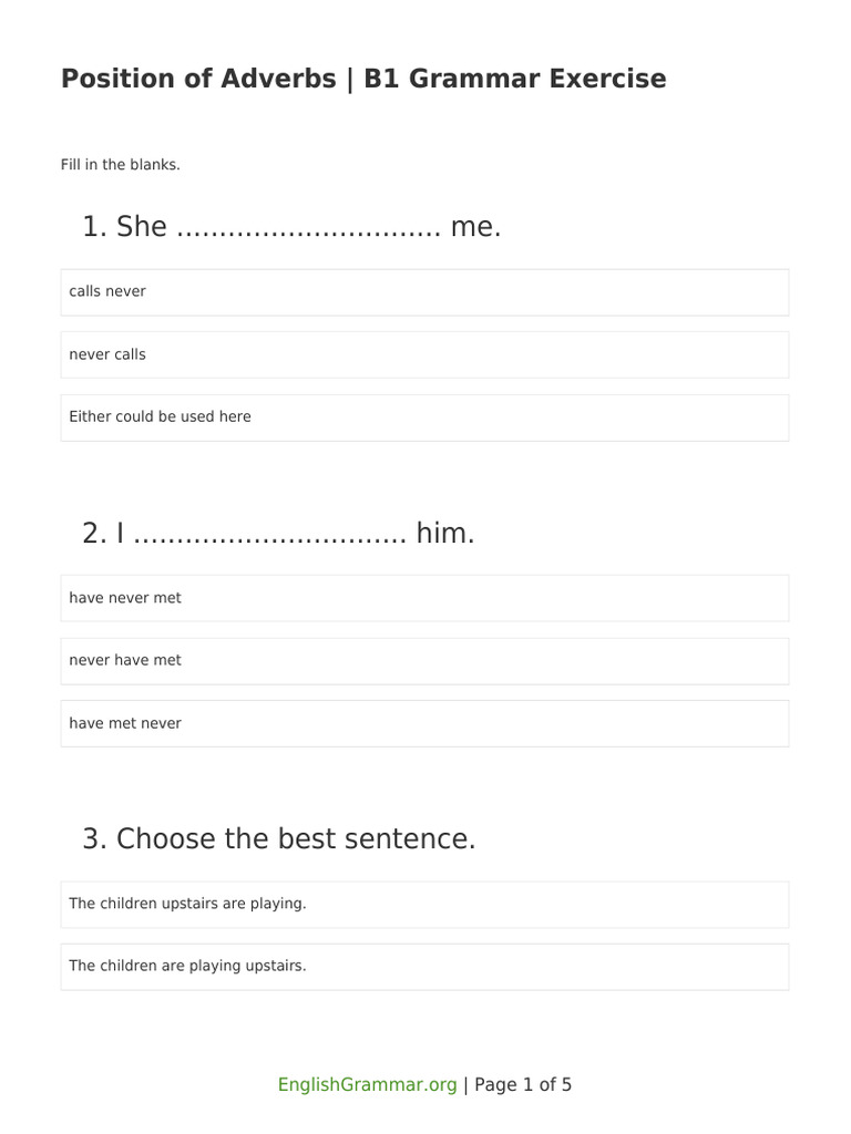 Position of Adverbs - B1 Grammar Exercise | PDF | Language Arts ...