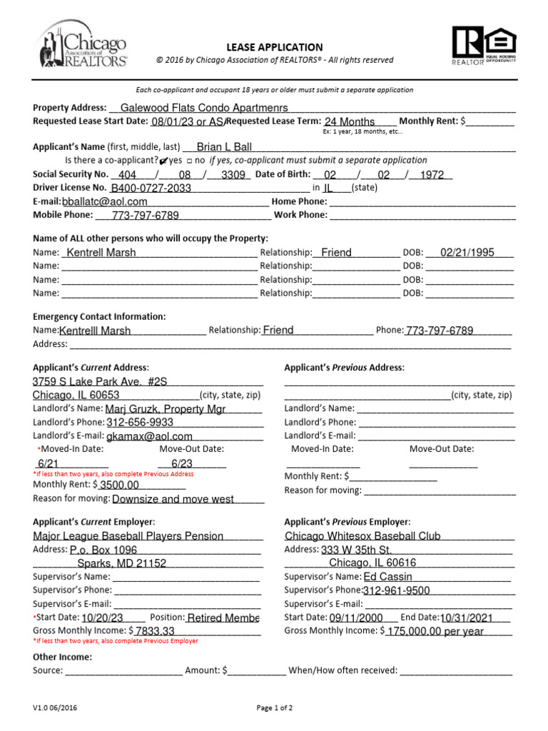CAR Lease Application - Ball, Brian | PDF | Lease