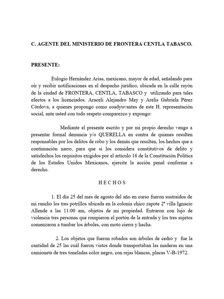 Denuncia por Robo en Frontera, Tabasco | PDF | Justicia | Crimen y ...