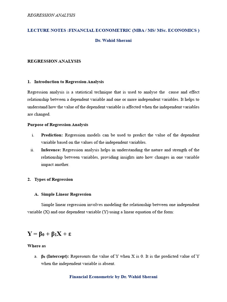 Regression Anaysis Explaination Lecture Notes By Dr Wahid Sherani
