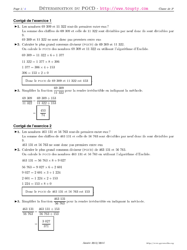 Exercices Corrigés sur le PGCD | PDF | Théorie des nombres ...