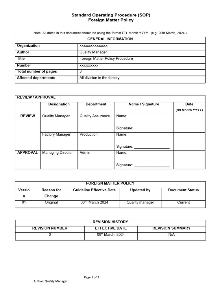 Foreign Matter Policy SOP | PDF | Audit