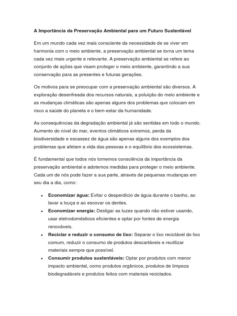 A Importância Da Preservação Ambiental para Um Futuro Sustentável | PDF ...