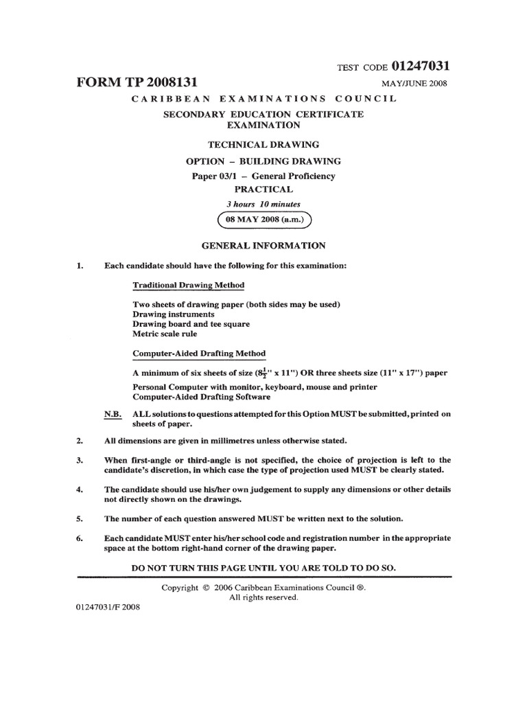 CSEC® Technical Drawing Past Papers (2008) p32 PDF Door Wall