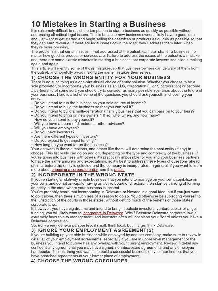 Top 10 Business Startup Mistakes | PDF | Securities (Finance) | Taxes