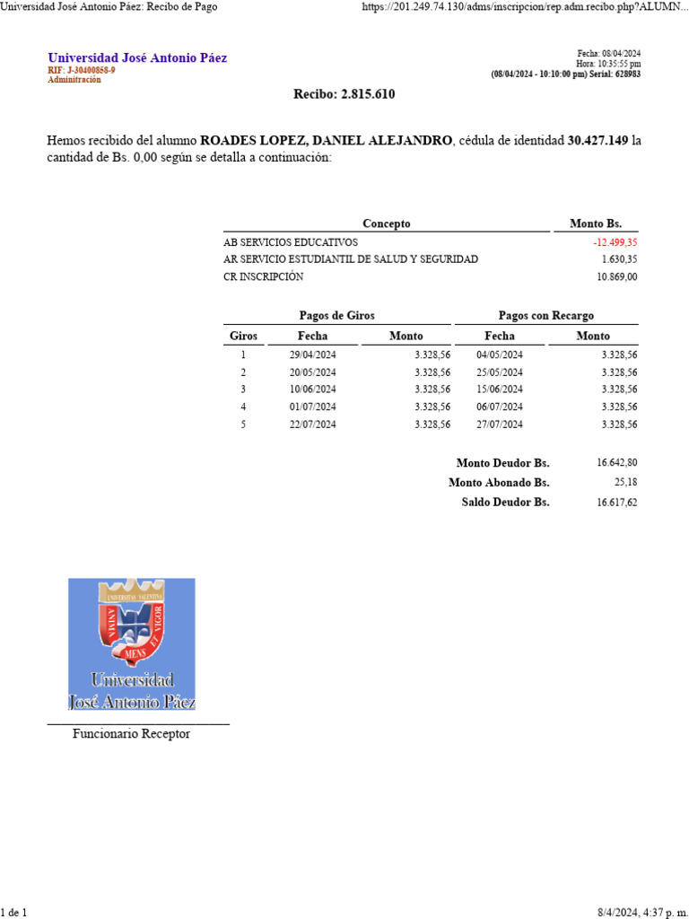 Universidad José Antonio Páez Recibo de Pago | PDF