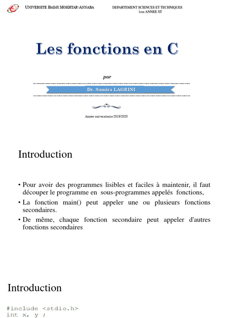 Fonctions en C : Définition et Exemples | PDF | Développement de ...