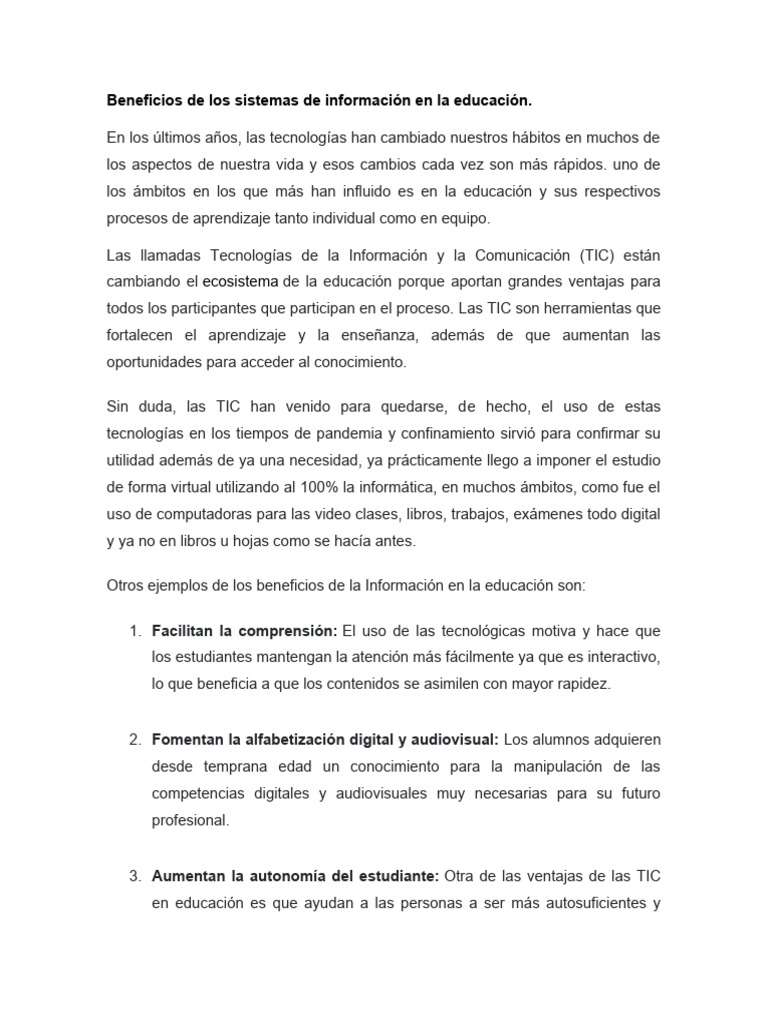 Beneficios de las TIC en educación | PDF | Tecnología de información y ...