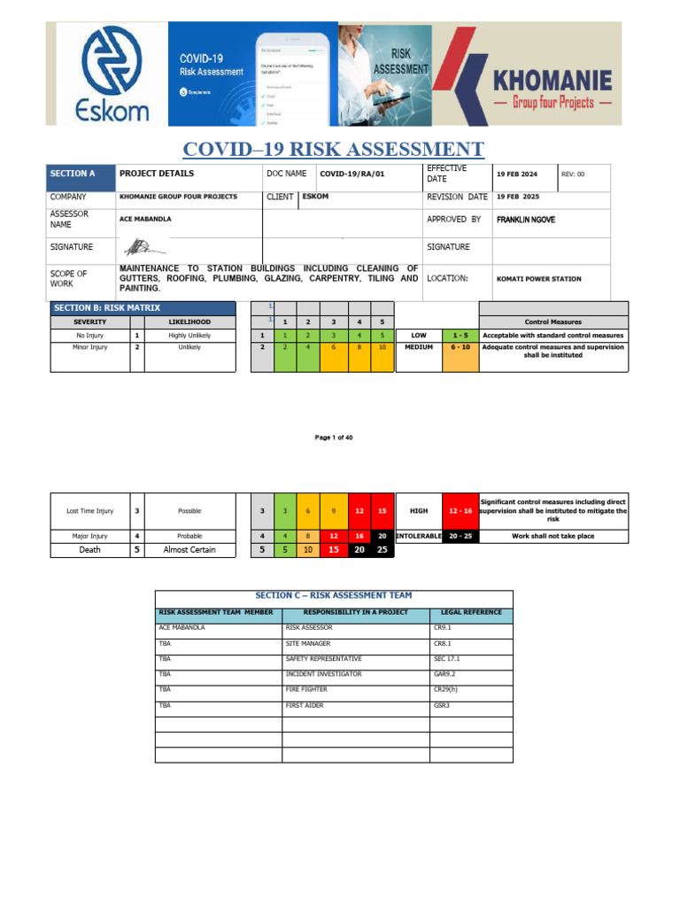 Covid 19 Risk Assessment For Projects Pdf Employment Occupational