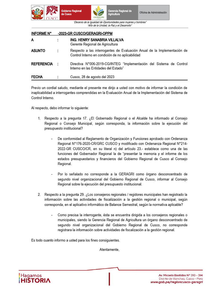 Informe sobre Control Interno 2023 | PDF | Gobierno | Gobernancia