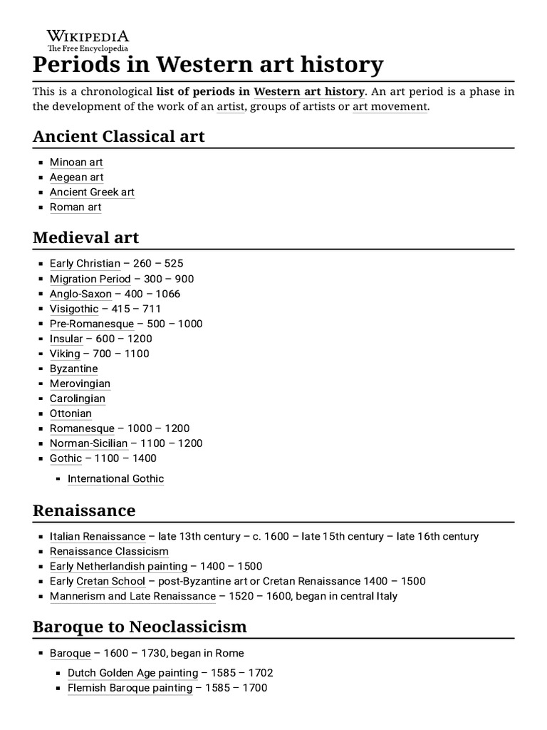 Periods in Western Art History Wikipedia PDF Visual Arts Theory Art Movements