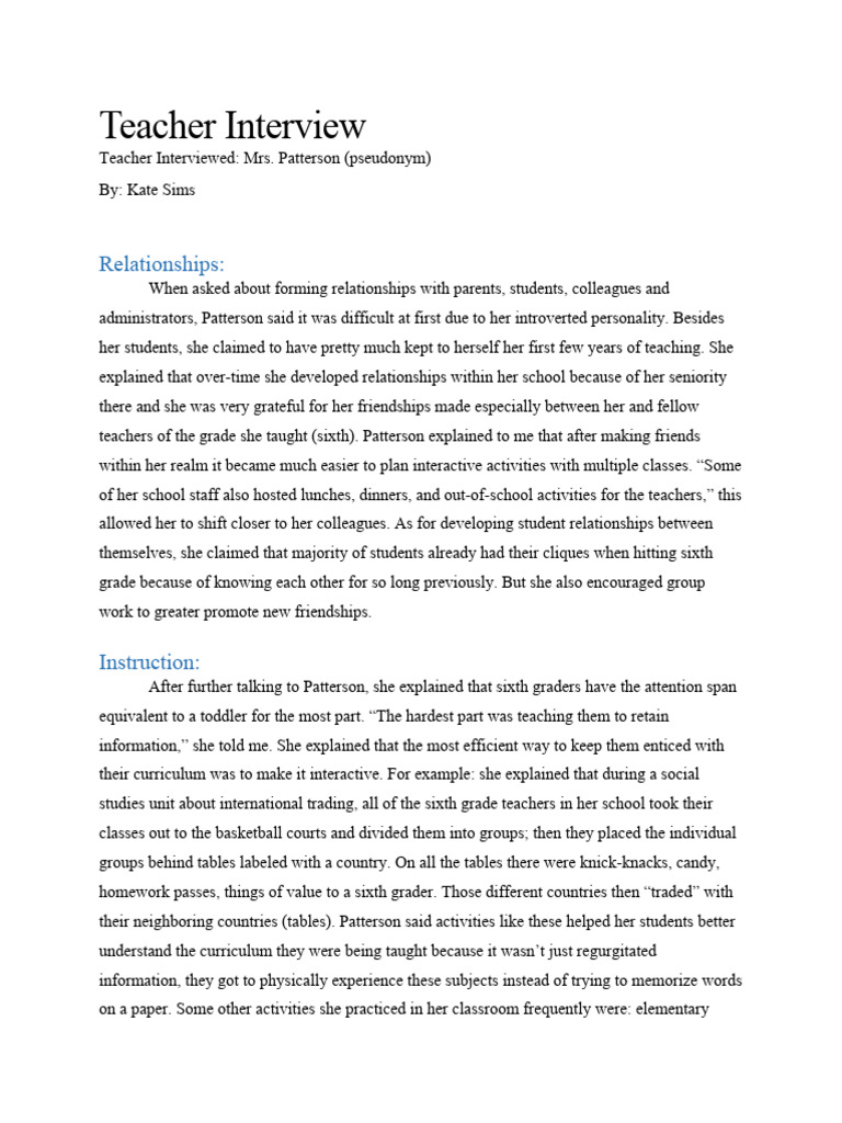 Teacher Interview Kate Sims Pdf Teachers Classroom Management
