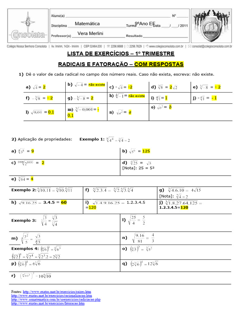 LISTA EXERCÍCIOS DE RADICAIS 9º ANO COM RESPOSTA | PDF | Matemática ...