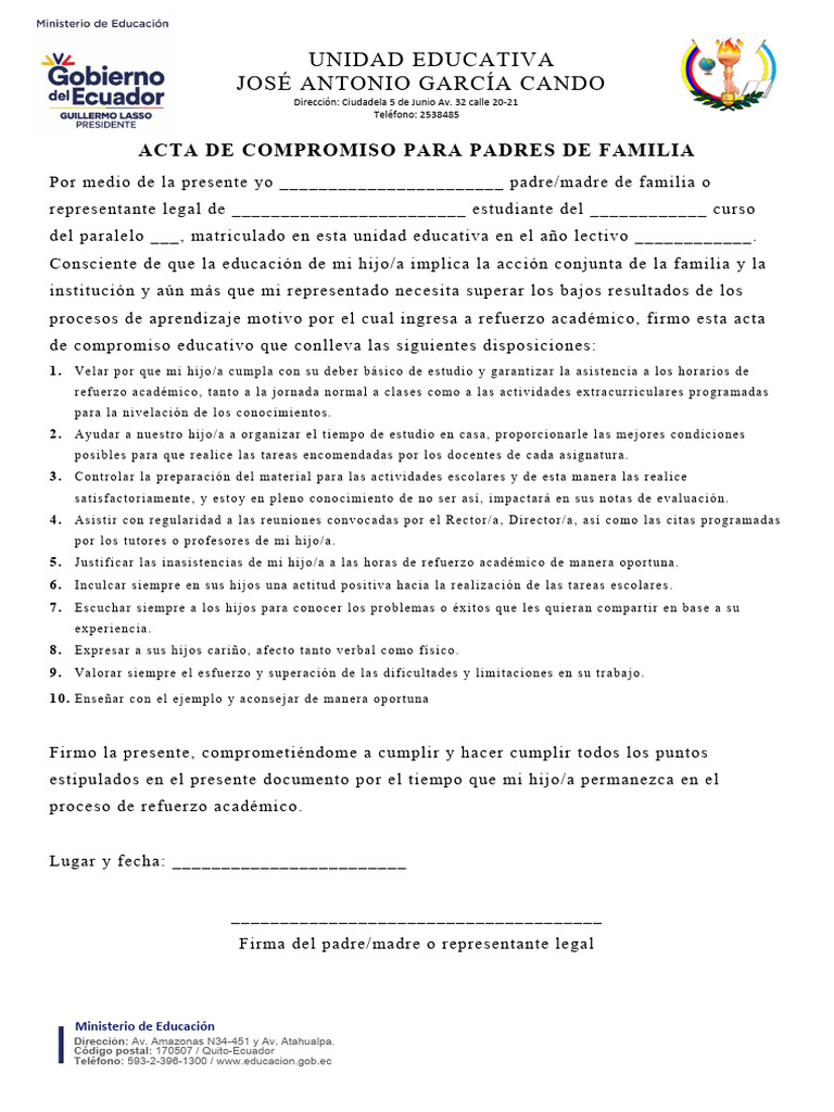 Acta de Compromiso para Padres de Familia | PDF | Aprendizaje ...