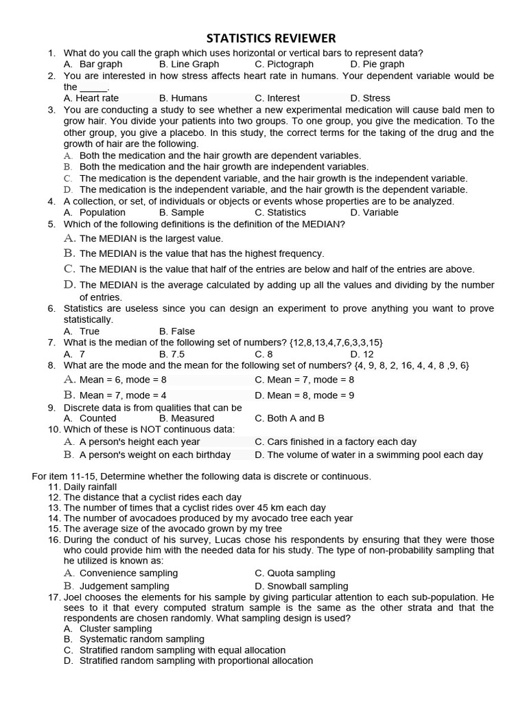 Statistics Review Questions and Answers | PDF | Sampling (Statistics ...