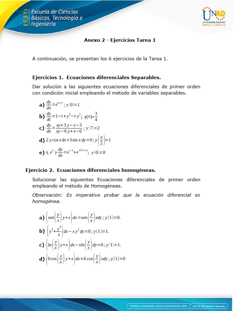Anexo 2 - Ejercicios Tarea 1 | PDF | Ecuaciones | Ecuaciones diferenciales