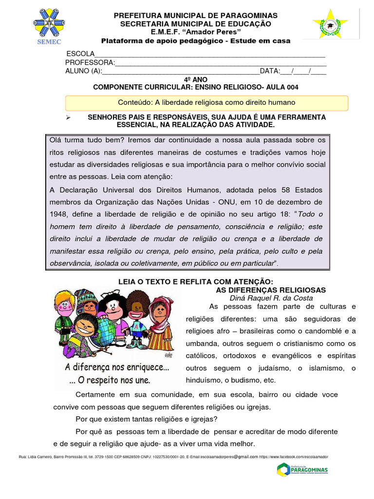 Diversidade Religiosa no 4º Ano | PDF | Liberdade de religião | Atitude ...