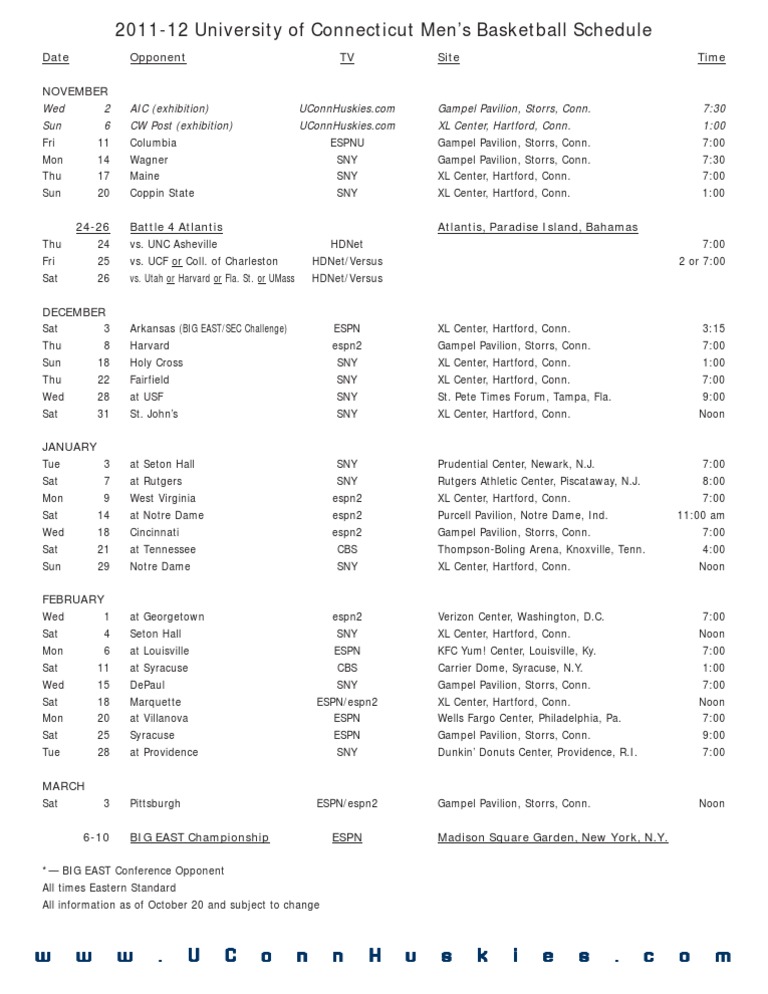 UCONN Basketball Schedule PDF