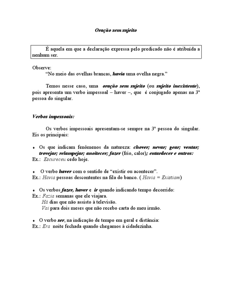 Oração Sem Sujeito: Definição e Exemplos | PDF | Artes Linguísticas e ...