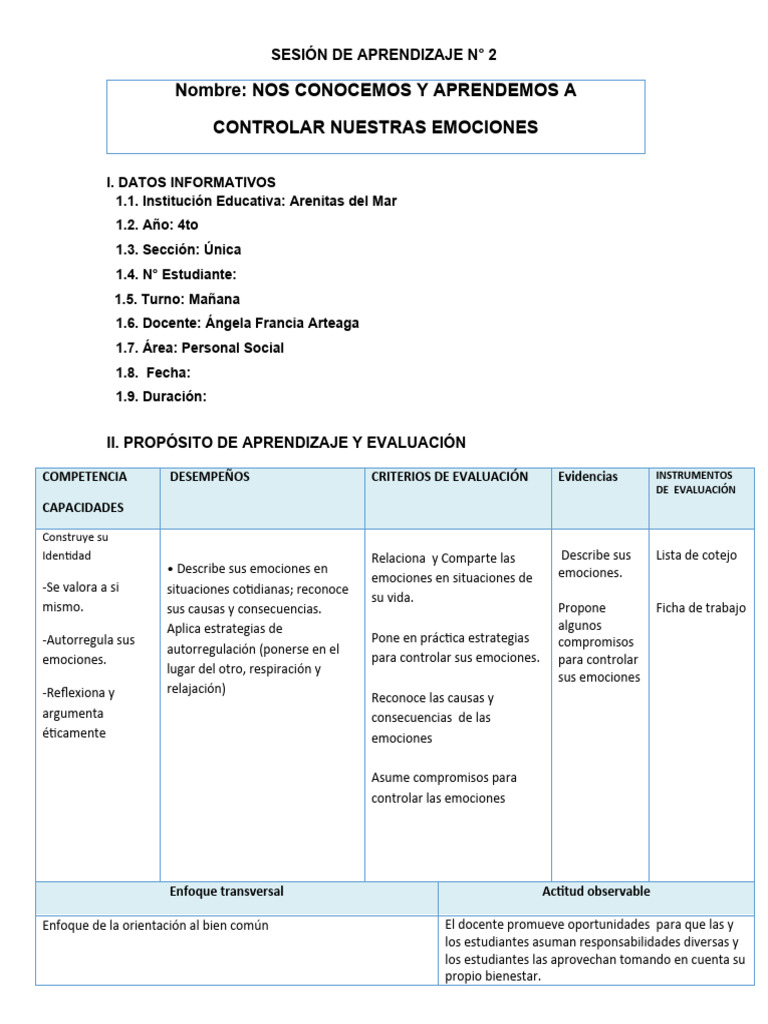 Control de Emociones en 4to Grado | PDF | Las emociones | Evaluación