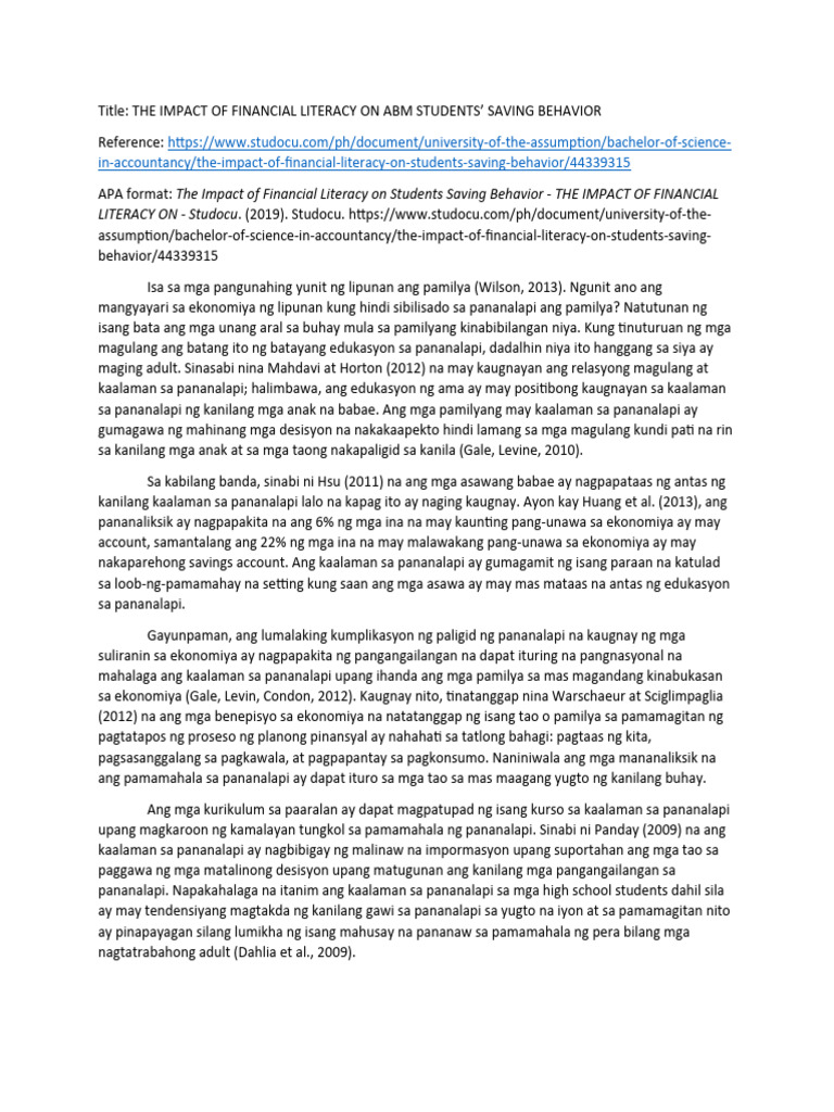 In Accountancy/the Impact of Financial Literacy On Students Saving ...