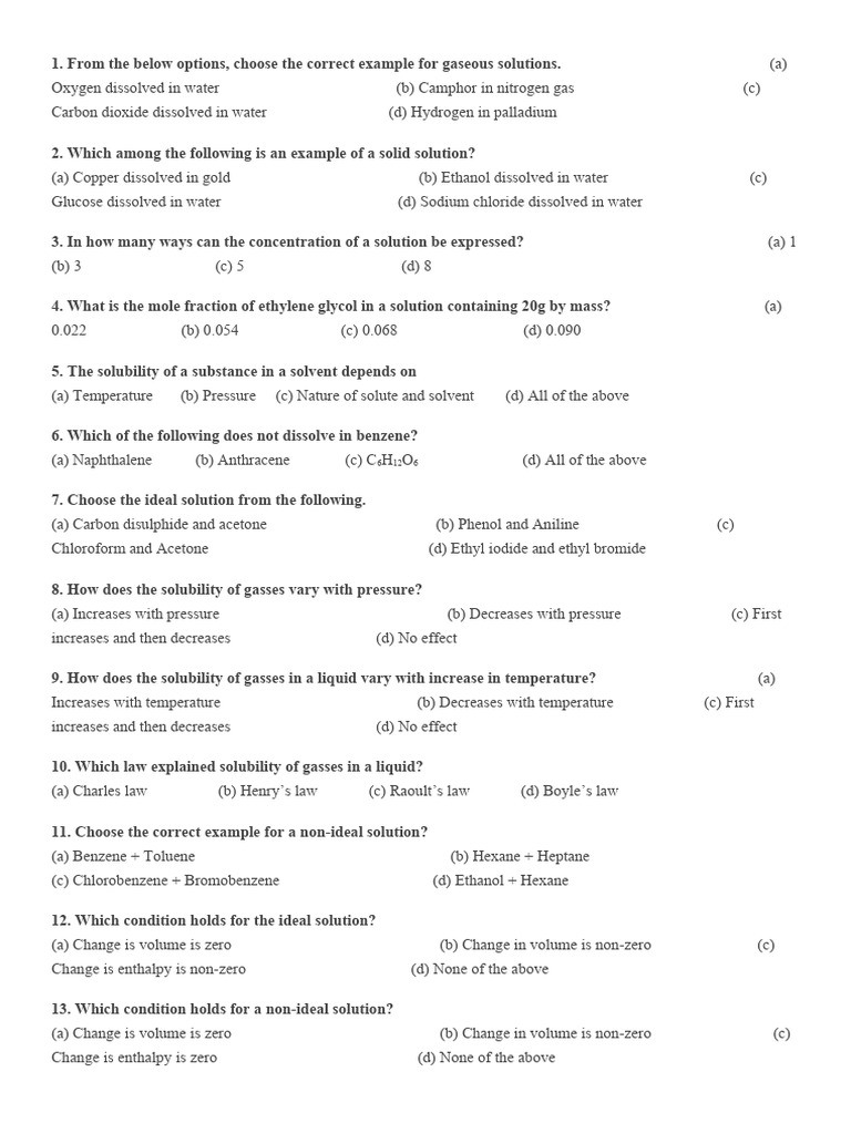 Solution mcqs pdf solubility chemistry