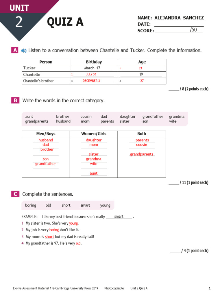 Unit 2 Quiz A Assessment | PDF | Grandparent | Family