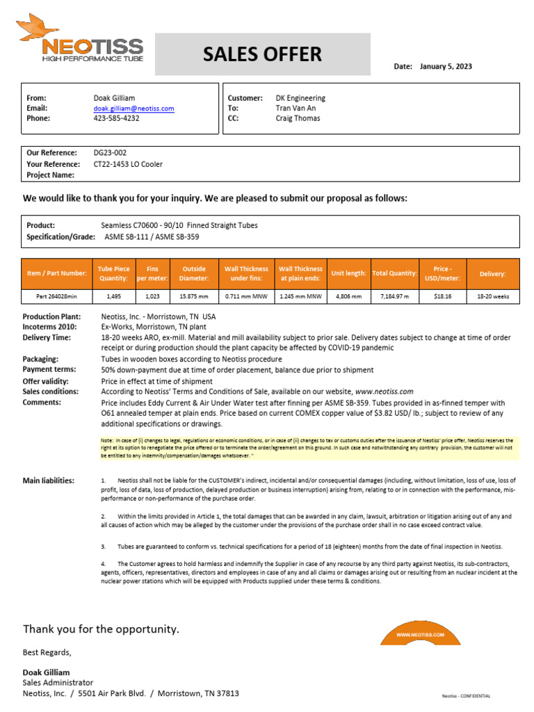 Neotiss Sales Offer for Finned Tubes | PDF | Indemnity | Private Law