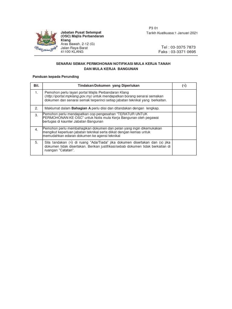 Senarai Semak Permohonan OSC Klang | PDF
