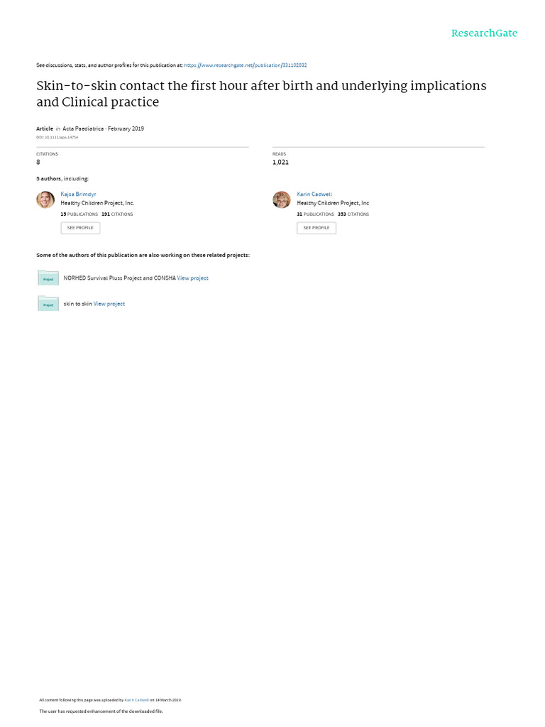 Skin To Skin Contact The First Hour After Birth And Underlying