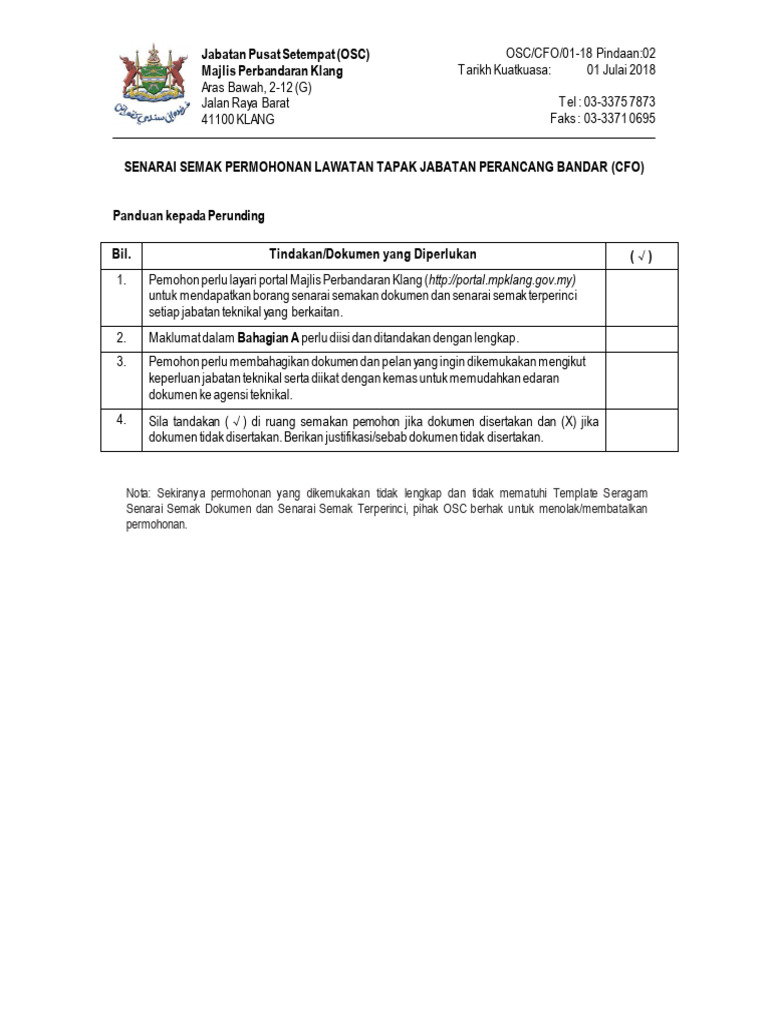 Senarai Semak Permohonan Lawatan Tapak Jabatan Perancang Bandar (CFO) | PDF