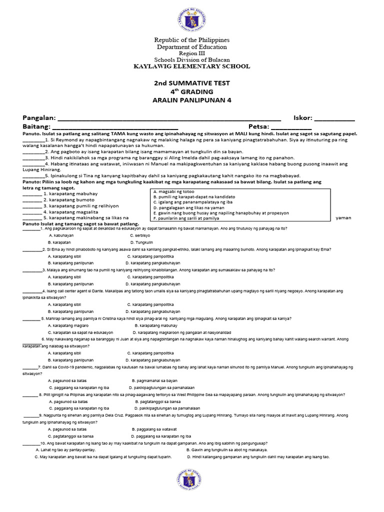 2nd Summative Test 4th Grading | PDF