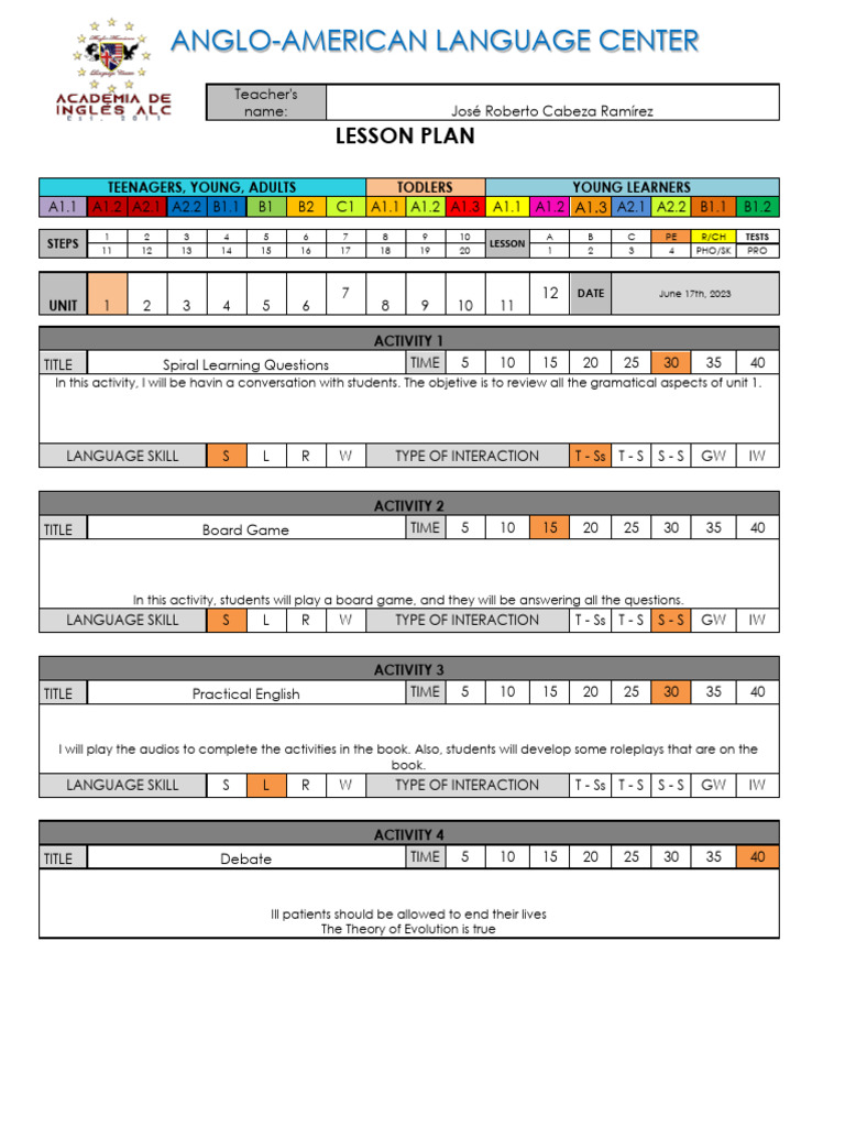 Lesson Plan for English Activities | PDF | Learning | Human Communication