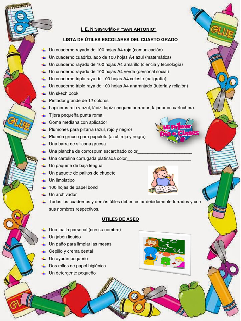 LISTA DE ÚTILES ESCOLARES DEL CUARTO GRADO | PDF