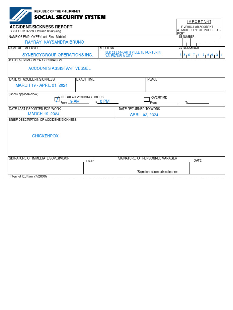 SSS Accident/Sickness Report Form B-309 | PDF