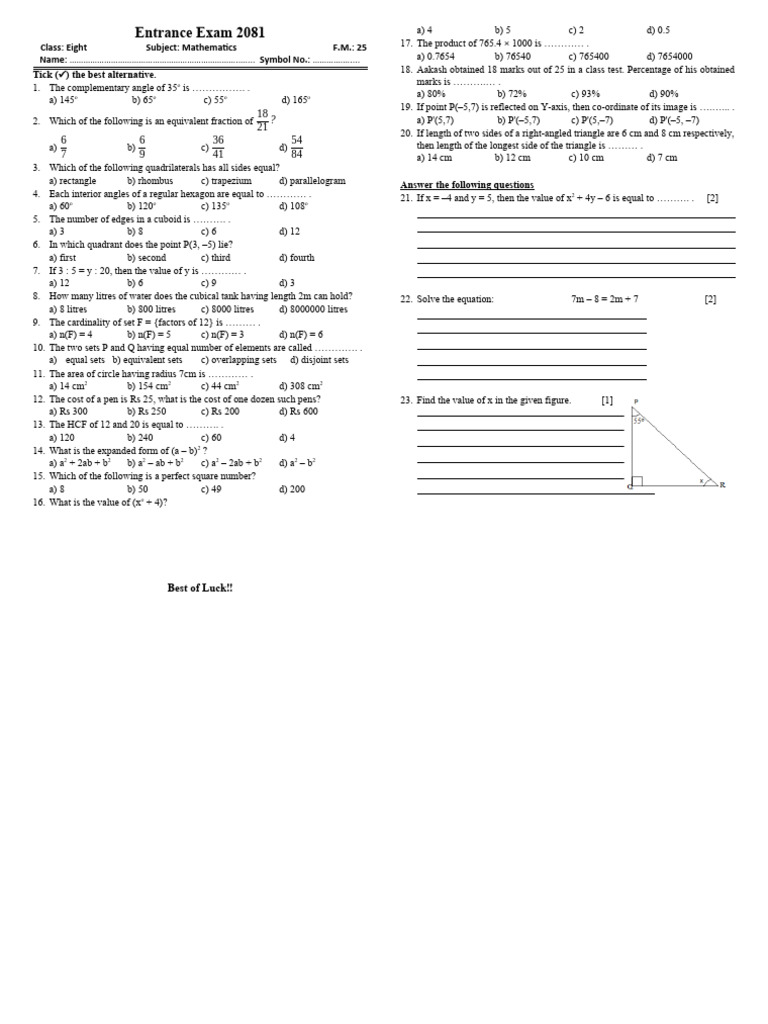 2081 Class 8 Mathematics Exam Questions | PDF | Euclidean Plane ...