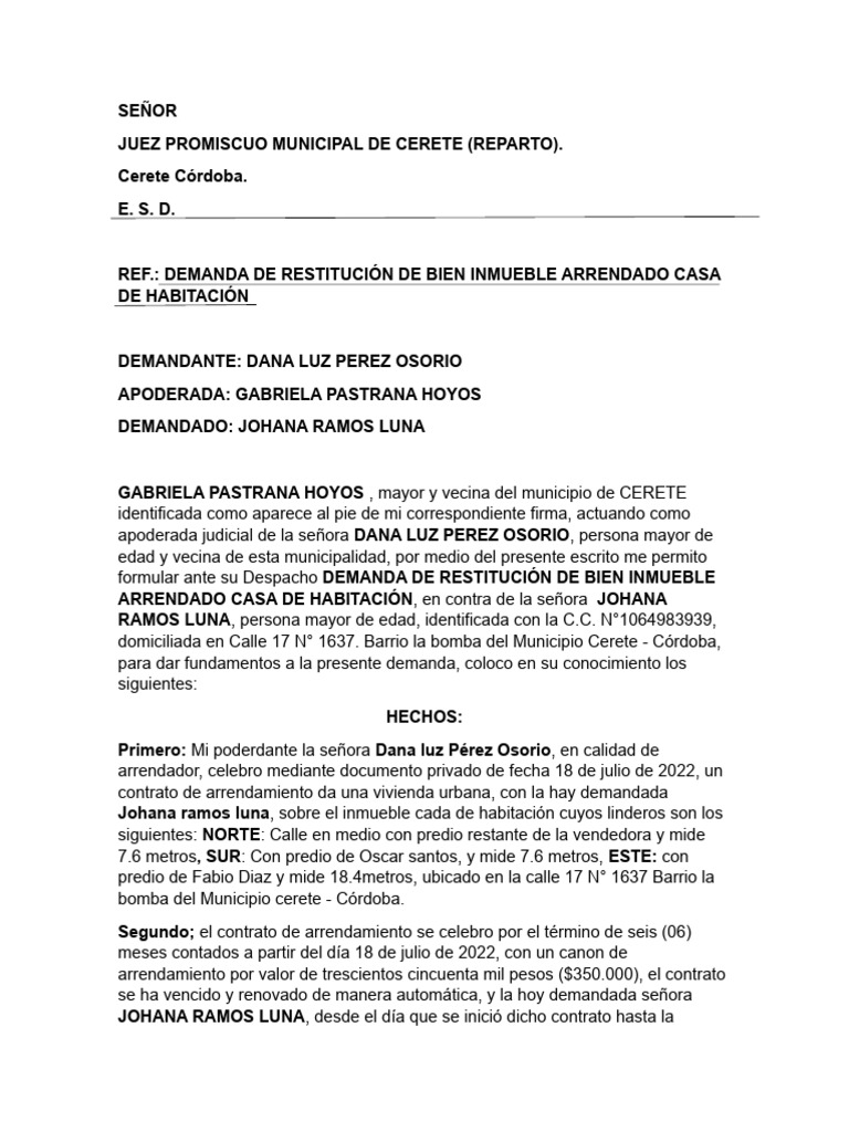 Demanda de Restitución de Inmueble en Cereté | PDF | Derecho | Hogar ...