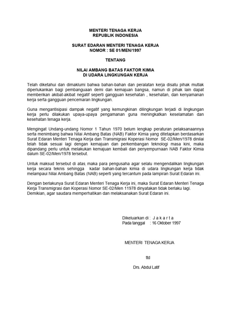 Surat Edaran NAB Faktor Kimia 1997 | PDF