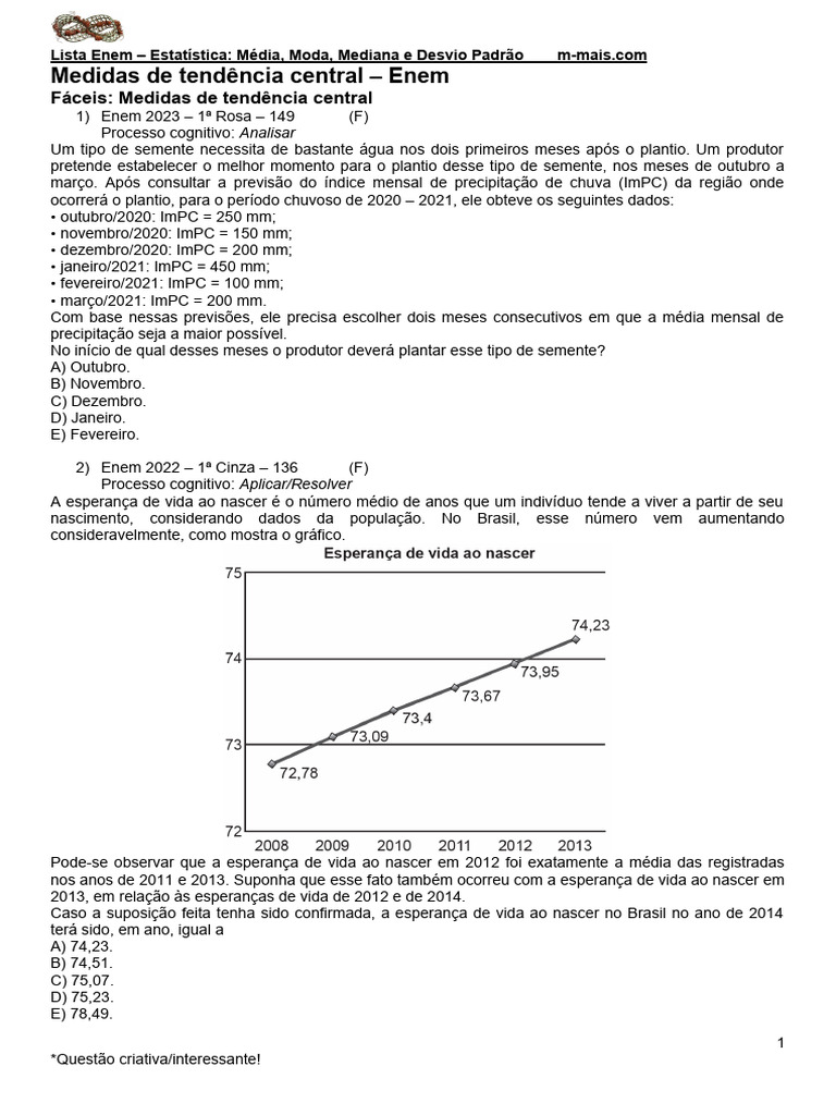 Estatísticas do Enem: Média, Moda e Mediana | PDF | Média | Mediana ...