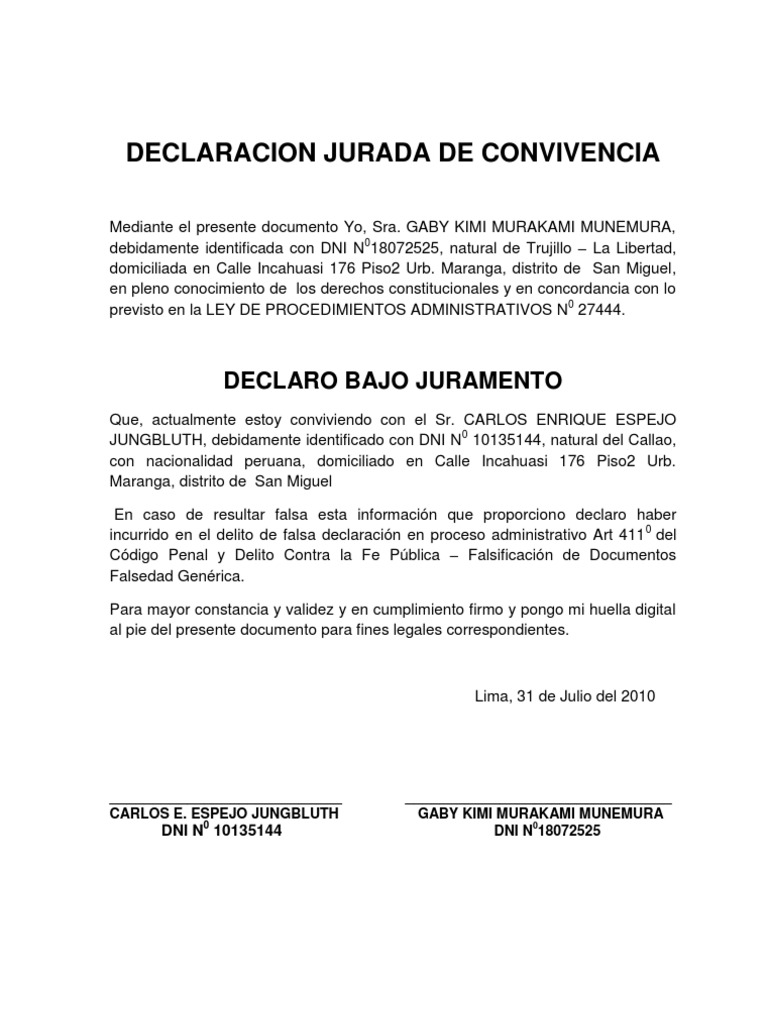 Declaracion Jurada de Convivencia