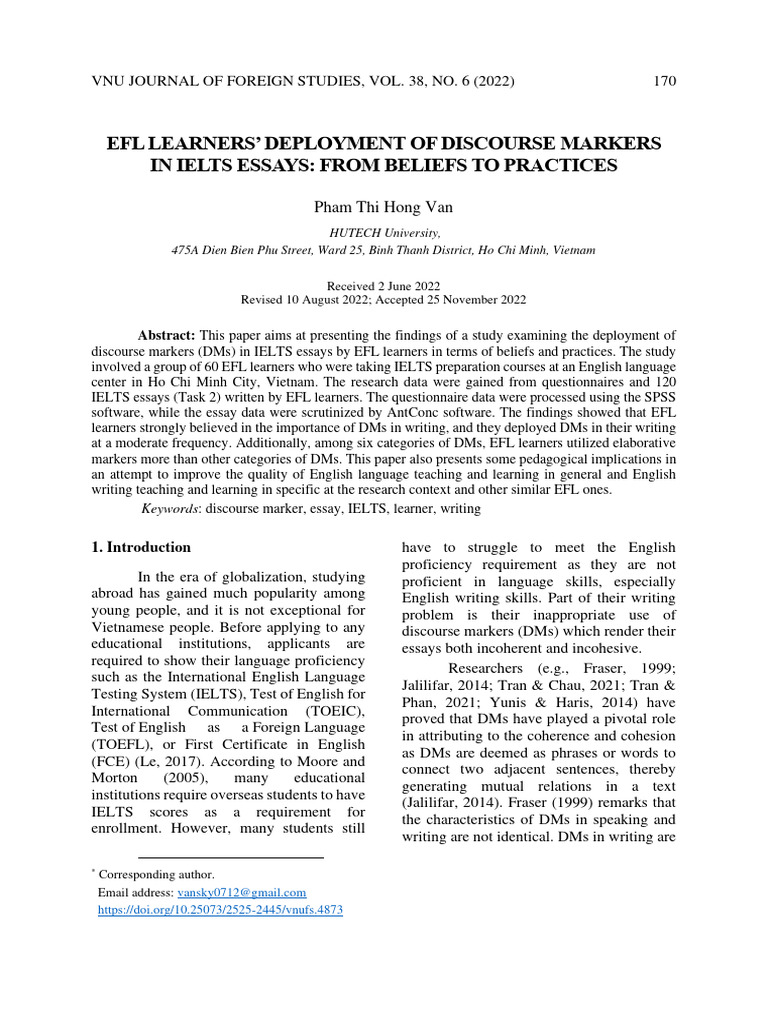 EFL Learners' Use of Discourse Markers in IELTS | PDF | English As A ...