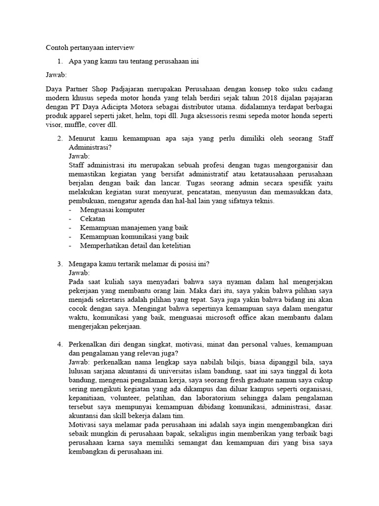 Pertanyaan Interview Staff Admin | PDF | Pengembangan Diri