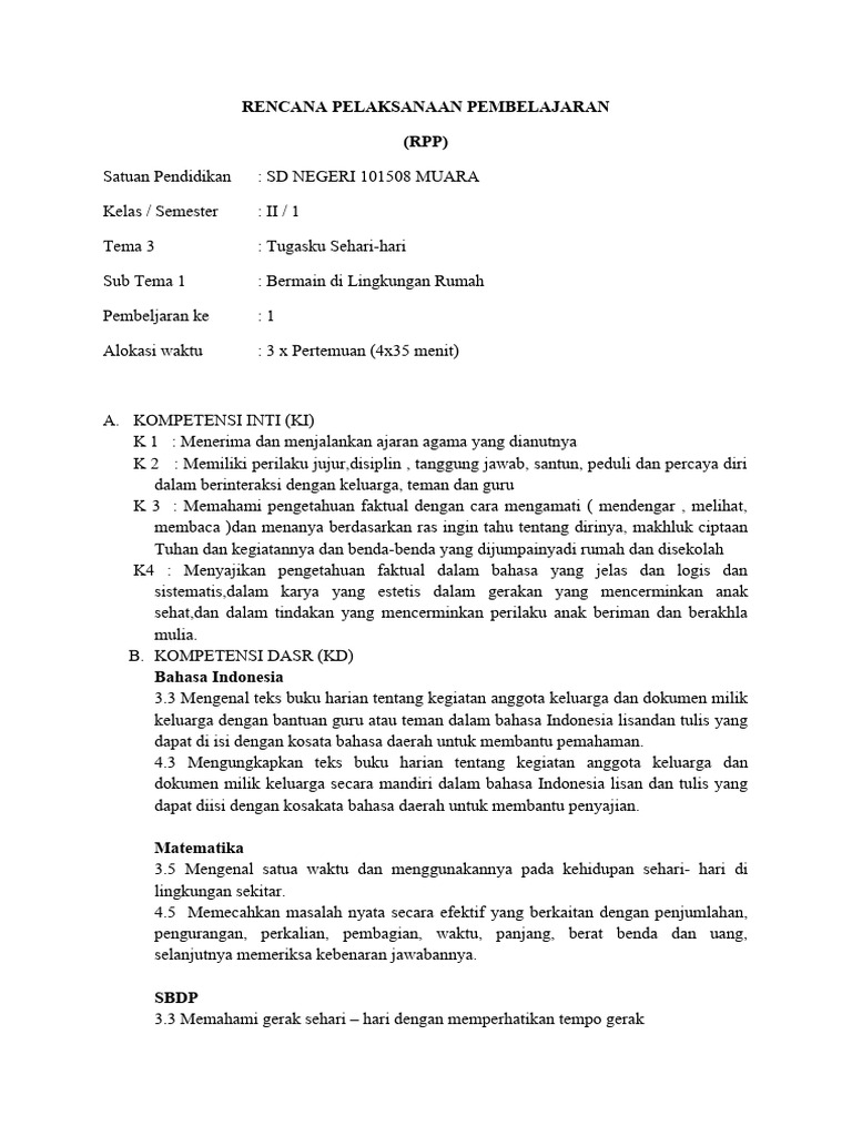RPP Pembelajaran Kelas 2: Tugasku Sehari-hari | PDF | Seni & Disiplin ...