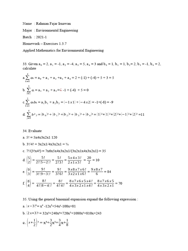 Home Work - Exercises 1.3.7 Applied Mathematics For Environmental ...