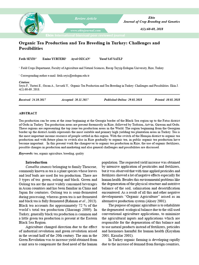 Organic Tea Production and Tea Breeding in Turkey - Challenges and ...