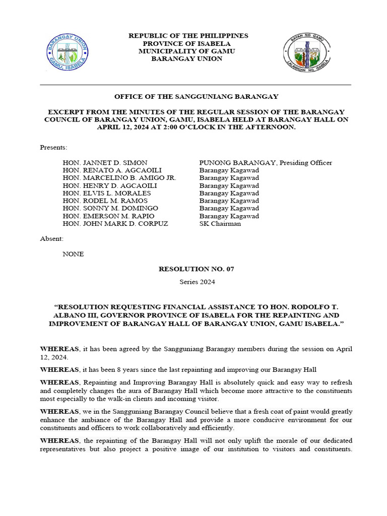 Resolution for Barangay Hall Renovation | PDF | Government