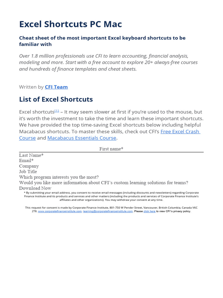 Excel Shortcuts PC Mac | Download Free PDF | Keyboard Shortcut | Computing
