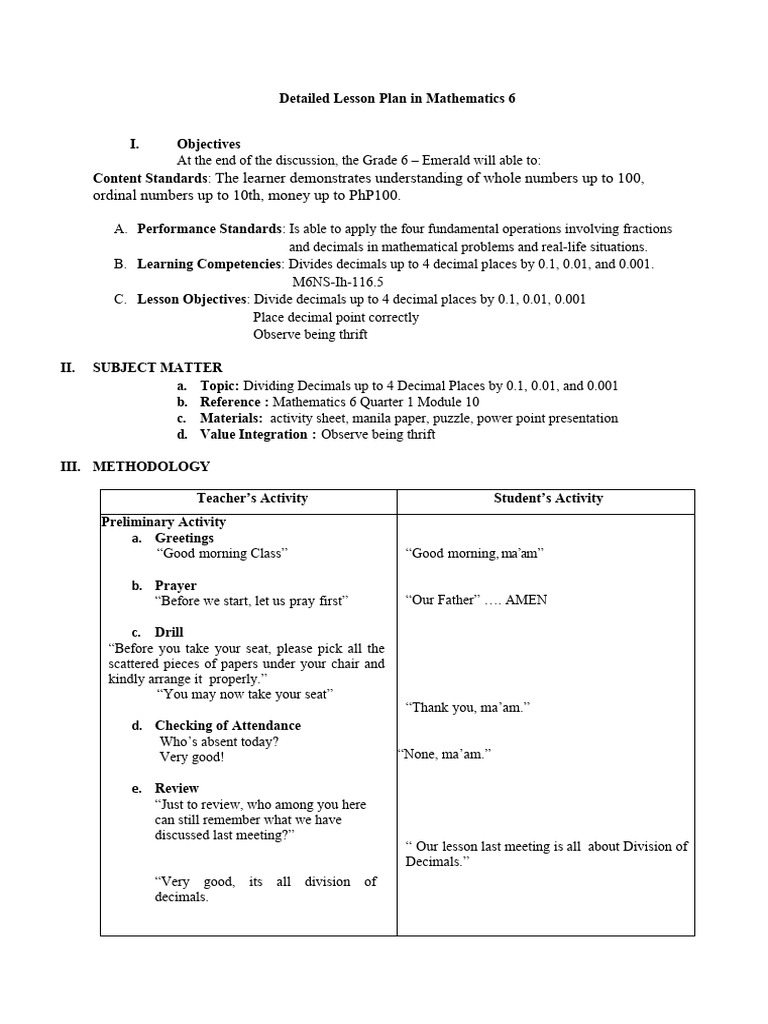 Detailed Lesson Plan in Mathematics 6 | PDF | Division (Mathematics ...
